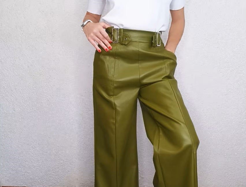 High-Waisted Faux PU Wide-Leg Trousers