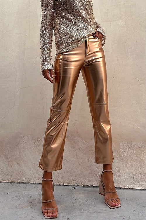 Metallic Faux Leather Straight Leg Pants