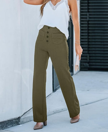 Elastic - Casual Straight Leg Trousers With High Waist