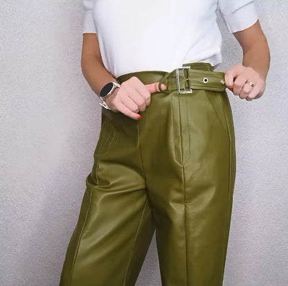 High-Waisted Faux PU Wide-Leg Trousers